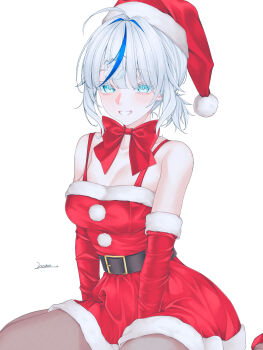  1girl absurdres ahoge aokumo_rin bare_shoulders belt belt_buckle between_legs black_belt blue_eyes blue_hair blush bow bowtie breasts brown_pantyhose buckle christmas cleavage collarbone colored_eyelashes commentary detached_sleeves dress fur-trimmed_dress fur-trimmed_gloves fur-trimmed_headwear fur-trimmed_sleeves fur_trim gloves grin hair_ornament hairclip hat highres looking_at_viewer medium_breasts mole mole_under_eye multicolored_hair pantyhose pom_pom_(clothes) ponytail red_bow red_bowtie red_dress red_gloves red_hat red_sleeves santa_costume santa_dress santa_hat short_hair short_ponytail signature simple_background sitting sleeveless sleeveless_dress smile solo spaghetti_strap stellive streaked_hair vini_(frisco) virtual_youtuber wariza white_background white_hair x_hair_ornament 