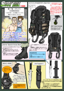  1boy 1girl bomb boots brown_hair bulletproof_vest combat_boots combat_knife combat_vest commando_(movie) english_text explosion explosive explosive_weapon father_and_daughter fragmentation_grenade grenade hand_grenade japanese_text jenny_matrix john_matrix knife m67_grenade military muscular muscular_male muta_koji story_time_(muta_koji) translation_request vest watch weapon weapon_focus weapon_name weapon_profile 