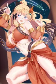  1girl absurdres arada_(corsair_zero) armlet bare_shoulders belly_chain bikini blonde_hair blue_eyes blush bracer breasts circlet cleavage commentary_request detached_sleeves elf fire_hair_ornament harem_outfit high_ponytail highres jewelry large_breasts long_hair looking_at_viewer navel neck_ring open_mouth orange_bikini pointy_ears ponytail princess_connect! saren_(princess_connect!) saren_(sarasaria)_(princess_connect!) sarong sash sidelocks smile solo swimsuit thighs 