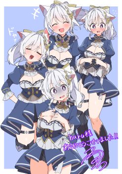  +++ 1girl :3 :d =_= absurdres animal_ear_fluff animal_ears asymmetrical_legwear black_boots blue_background blue_dress blush boots border bow breasts bright_pupils cat_ears cleavage closed_eyes collar commentary_request commission cowboy_shot cropped_legs curly_sidelocks doyagao dress fang flying_sweatdrops fold-over_boots frilled_collar frilled_sleeves frills full_body hair_bow hand_on_own_hip hands_on_own_chest highres index_fingers_together indie_virtual_youtuber juliet_sleeves knee_boots long_sleeves looking_at_viewer looking_down medium_breasts medium_hair multi-source_commentary multiple_views nervous no_nose open_mouth outside_border partial_commentary ponytail puffy_sleeves purple_eyes raised_inner_eyebrows signature simple_background skeb_commission skin_fang smile smug standing sweatdrop thank_you thigh_boots thigh_strap thighs turn_pale uruti_2388 uzuki_haru virtual_youtuber white_border white_hair white_pupils yellow_bow 