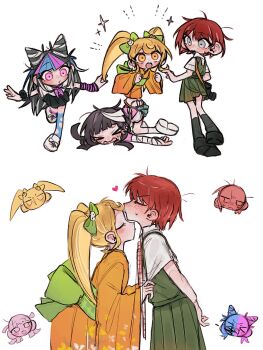  4girls :o black_hair blonde_hair blush bow cat_hair_ornament commentary_request danganronpa_(series) danganronpa_2:_goodbye_despair dress green_bow green_dress hair_bow hair_horns hair_ornament heart highres japanese_clothes kimono koizumi_mahiru long_sleeves mioda_ibuki multiple_girls orange_eyes orange_kimono pink_eyes red_hair saionji_hiyoko short_hair siiaka023 simple_background smile thighhighs torn_clothes torn_thighhighs tsumiki_mikan twintails white_background white_hair wide_sleeves yuri 