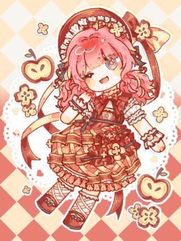  1girl apple argyle_background black_bow black_wrist_cuffs blue_eyes blunt_bangs blush_stickers bonnet bow bowtie brown_pupils capelet chibi chinese_commentary collared_shirt commentary_request commission double-parted_bangs dress dress_bow eyes_visible_through_hair food food-themed_clothes food-themed_hair_ornament food_print footwear_bow frilled_headwear frilled_shirt_collar frilled_sleeves frilled_socks frilled_wrist_cuffs frills fruit gradient_background hair_bow hair_ornament hat hat_bow head_tilt heart highres infinity_nikki kneehighs long_hair looking_at_viewer low_twintails mary_janes medium_dress messy_hair nikki_(nikki) nikki_(series) one_eye_closed open_mouth outline pinafore_dress pink_hair print_dress puffy_short_sleeves puffy_sleeves red_background red_bonnet red_bow red_bowtie red_capelet red_dress red_shoes ribbon-trimmed_sleeves ribbon_trim shiguangbulao277 shirt shoes short_sleeves short_twintails sleeveless sleeveless_dress smile socks solo striped_bow sweet_memories_(infinity_nikki) twintails two-tone_background white_outline white_shirt white_socks wrist_cuffs yellow_background 