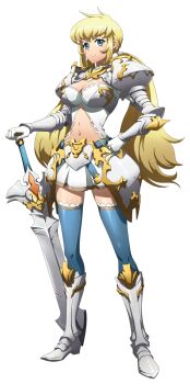  1girl arm_guards armor armored_boots belt blonde_hair blue_eyes blue_thighhighs boots breasts cleavage cleavage_cutout closed_mouth clothing_cutout faulds full_body game_cg gloves gold_trim hand_on_hilt hand_on_own_hip high_heel_boots high_heels highres holding holding_sword holding_weapon langrisser langrisser_mobile langrisser_re:incarnation large_breasts long_hair looking_at_viewer low_twintails navel navel_cutout official_art pauldrons rerebrace rozalia_(langrisser) second-party_source shoulder_armor sidelocks skirt solo standing sword tachi-e thighhighs transparent_background twintails weapon white_gloves white_skirt zettai_ryouiki 