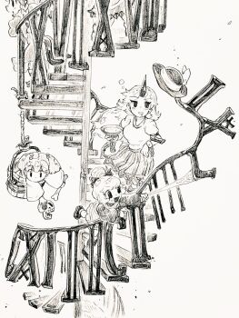  5girls bone bow bucket cat_tail commentary_request cuffs cup dress graphite_(medium) greyscale hair_bobbles hair_bow hair_bun hair_ornament hat hat_ribbon holding holding_bone holding_cup holding_skull horns hoshiguma_yuugi kaenbyou_rin kisume kurodani_yamame looking_at_object medium_hair menotama mizuhashi_parsee monochrome multiple_girls multiple_tails out_of_frame puffy_short_sleeves puffy_sleeves railing ribbon roman_numeral rope sakazuki shackles shirt shoes short_sleeves silk single_horn skirt skull spider_web stairs striped_clothes striped_skirt tail touhou touhou_18th_popularity_poll traditional_media twintails two_tails vertical-striped_clothes vertical-striped_skirt 