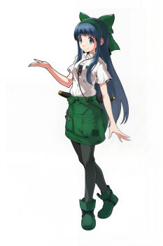  1girl absurdres alternate_costume blue_eyes blue_hair boots breasts falcoon hair_ribbon highres legs long_hair looking_at_viewer medium_breasts nakoruru official_alternate_costume official_art pantyhose ribbon samurai_spirits skirt smile snk solo the_king_of_fighters thighs tokyu_hands weapon 