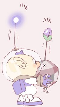  1boy alph_(pikmin) backpack bag black_eyes black_skin blue_bag blue_gloves blue_hair bud colored_skin commentary_request creature full_body gloves grey_background heads_together helmet holding holding_creature light_blush looking_at_creature male_focus motion_lines nandovo nintendo notice_lines pikmin_(creature) pikmin_(series) pointy_ears radio_antenna rock rock_pikmin short_hair simple_background space_helmet spacesuit standing surprised very_short_hair 