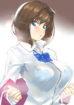  1girl :o blue_bra blue_eyes blush bra breasts brown_hair collared_shirt dress_shirt female_focus hair_intakes highres large_breasts long_sleeves mazaki_anzu nukkoru off_shoulder school_uniform see-through_clothes shirt short_hair solo steaming_body sweat underwear undressing wet wet_clothes wet_shirt white_shirt yu-gi-oh! yu-gi-oh!_duel_monsters  rating:Questionable score:33 user:danbooru