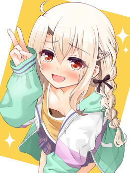  1girl blush braid breasts commentary_request cosplay fate/kaleid_liner_prisma_illya fate_(series) fujita_kotone fujita_kotone_(cosplay) gakuen_idolmaster highres idolmaster illyasviel_von_einzbern jacket long_hair looking_at_viewer mochi_(k620803n) open_mouth red_eyes skirt small_breasts smile solo v white_hair 