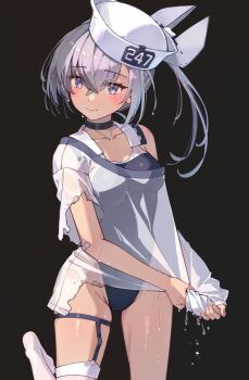  1girl black_background black_one-piece_swimsuit breasts dace_(kancolle) dixie_cup_hat garter_straps grey_eyes grey_hair hat headgear himeyamato kantai_collection medium_breasts military_hat one-piece_swimsuit see-through_clothes see-through_shirt shirt side_ponytail simple_background single_garter_strap single_thighhigh solo swimsuit swimsuit_under_clothes thighhighs two-tone_one-piece_swimsuit wet wet_clothes wet_shirt white_hat white_one-piece_swimsuit white_shirt white_thighhighs 