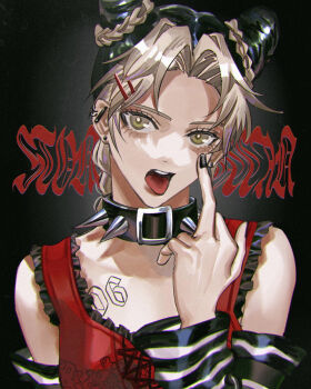  1girl black_nails braid braided_ponytail bun_with_braided_base collar commentary ear_piercing green_eyes hair_bun highres jojo_no_kimyou_na_bouken kuujou_jolyne long_hair masakenme middle_finger multicolored_hair piercing solo spiked_collar spikes stone_ocean tongue tongue_out two-tone_hair 