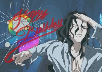  1boy 1other adjusting_hair ai_deha_nai artist_self-insert attack black_hair closed_eyes collared_shirt commentary fingernails hair_between_eyes happy_birthday highres long_hair meme michael_roa_valdamjong naoya_hitting_choso_without_looking_(meme) open_clothes open_shirt pale_skin pectorals sharp_fingernails shirt sleeve_cuffs smile tsukihime upper_body wavy_hair white_shirt 