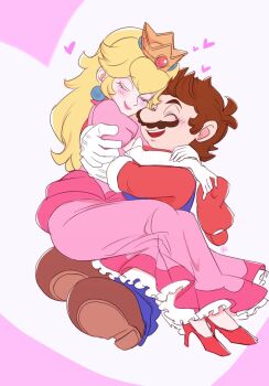  1boy 1girl agua_mp arms_around_neck blonde_hair blue_overalls blush boots brown_boots brown_hair closed_eyes closed_mouth commentary couple crown dress earrings elbow_gloves facial_hair full_body gloves hetero high_heels hug jewelry long_dress long_hair mario mario_(series) mustache nintendo open_mouth overalls pink_background pink_dress pink_lips pink_shoes princess_peach puffy_short_sleeves puffy_sleeves pumps red_shirt shirt shoes short_hair short_sleeves sketch smile untranslatable_commentary white_gloves 