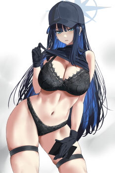 1girl absurdres bare_shoulders baseball_cap black_bra black_gloves black_hair black_hat black_panties black_shirt blue_archive blue_eyes blue_hair blue_halo blush bra breasts cleavage clothes_lift commentary_request contrapposto earrings gloves halo hat highres holding jewelry lace lace_bra lace_panties large_breasts leaning_forward lifting_own_clothes long_hair looking_at_viewer navel nuo_(fttv3255) panties saori_(blue_archive) shirt shirt_lift simple_background skindentation solo stomach thigh_strap thighs toned underwear white_background  rating:Sensitive score:35 user:danbooru