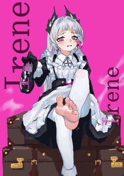  1girl absurdres arknights barefoot blush feet grey_eyes haoli_mei_an highres irene_(arknights) loafers long_hair looking_at_viewer panties parted_lips shoes single_shoe soles stirrup_legwear toeless_legwear toes underwear unworn_shoes white_hair white_panties 