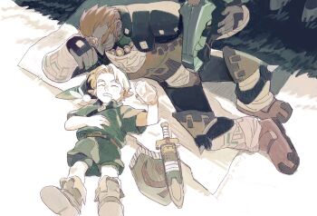  26_zzzzzz 2boys absurdres age_difference arm_wrap armor barding belt black_pants black_shirt blanket boots brown_belt character_name closed_eyes commentary day ear_piercing earrings elbow_rest forehead_jewel full_body ganondorf grass green_shorts green_tunic hand_on_animal hand_on_own_stomach highres holding holding_jar horse jar jewelry knee_up leather_armor leg_wrap light_smile limited_palette link lying male_focus multiple_boys navi necklace nintendo on_back on_side open_mouth outdoors pants phrygian_cap piercing shield shirt short_hair shorts shoulder_strap size_difference sleeping spread_legs stud_earrings sword the_legend_of_zelda the_legend_of_zelda:_ocarina_of_time thick_eyebrows tunic twitter_username untranslatable_commentary very_short_hair weapon young_link 
