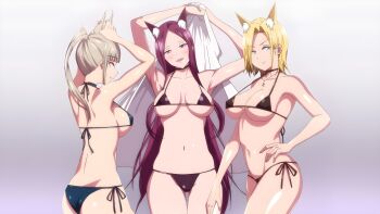  3girls absurdres animal_ears ass blonde_hair blue_eyes bra breasts brown_hair fox_ears hamazaki_reina highres imaizumin-chi_wa_douyara_gal_no_tamariba_ni_natteru_rashii kurumizaka_ruri light_brown_hair lingerie multiple_girls nori_gorou pink_eyes purple_eyes purple_hair sasaki_yukina sex sexy_panties underwear 