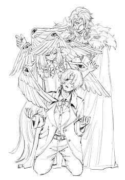  1girl 2boys angel_wings chinese_commentary closed_eyes closed_mouth coat collared_shirt columbina_(genshin_impact) commentary_request dottore_(genshin_impact) dual_persona earrings extra_eyes eye_mask fatui_coat fur-trimmed_coat fur_trim genshin_impact greyscale highres hoyofair jewelry kneeling liuyun_(liuyun73492) long_hair mask monochrome multiple_boys multiple_wings open_mouth seraph shirt simple_background single_earring smile very_long_hair white_background wings 