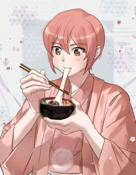  1boy ace_of_diamond asa_no_ha_(pattern) bowl brown_eyes chopsticks eating egasumi food_request hair_between_eyes highres holding holding_bowl holding_chopsticks holding_with_chopsticks japanese_clothes kominato_haruichi light_blush male_focus pink_hair short_hair solo upper_body uxxuxxkl 