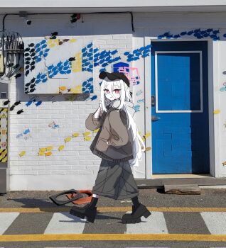  6576183ascii baggy_pants black_boots black_pants black_socks blue_archive boots colored_skin halo hat headphones jacket kei_(blue_archive) long_hair pants photo_background red_eyes socks white_hair wide-leg_pants  rating:General score:1 user:Artfinderer