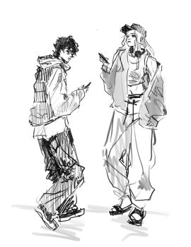  1boy 1girl absurdres baggy_pants baseball_cap black_hair commentary english_commentary full_body hat headphones headphones_around_neck highres holding holding_phone hood hood_down hoodie jacket knee_up li_axie looking_at_another nephis_(shadow_slave) pants phone sandals shadow_slave short_hair sketch standing stomach streetwear sunny_(shadow_slave) tank_top walking 