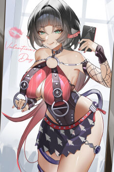  1girl absurdres animal_ears black_hair black_one-piece_swimsuit black_sarong breasts chinese_commentary commentary_request fishnet_sleeves fishnets green_eyes highres holding holding_phone jane_doe_(nocturne_of_light)_(zenless_zone_zero) jane_doe_(zenless_zone_zero) large_breasts licking licking_lips lipstick_mark long_hair mirror_selfie mouse_ears mouse_girl mouse_tail multicolored_hair official_alternate_costume one-piece_swimsuit phone red_hair red_one-piece_swimsuit sarong selfie solo swimsuit tail thighs tongue tongue_out two-tone_hair two-tone_one-piece_swimsuit valentine very_long_hair xiaojuan_(user_ezvt7287) zenless_zone_zero 