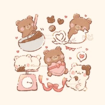  animal bear blush bowl box box_of_chocolates brown_eyes commentary_request happy heart heart-shaped_pupils highres holding licking_lips no_humans original ribbon simple_background smile symbol-shaped_pupils temariame14 tongue tongue_out twitter_username valentine weighing_scale whisk 