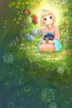  1girl ao_no_exorcist bad_id bad_pixiv_id bellflower blonde_hair bush chinese_lantern_(plant) clover clover_(flower) flower flower_request four-leaf_clover grass green_eyes green_theme highres hydrangea japanese_clothes kimono looking_at_viewer moriyama_shiemi nature nii_(ao_no_exorcist) nucomas obi on_grass plant sash seiza short_hair sitting wide_face  rating:Sensitive score:10 user:danbooru
