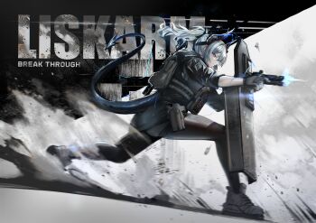  1girl absurdres arknights arktic backpack bag black_gloves black_pantyhose boots bulletproof_vest casing_ejection character_name dragon_girl dragon_horns dragon_tail firing gloves gun handgun highres holding holding_gun holding_shield holding_weapon horns liskarm_(arknights) liskarm_(overload)_(arknights) military military_combat_uniform military_uniform official_alternate_costume pants pantyhose running shell_casing shield short_hair soldier tactical_clothes tail weapon white_hair 