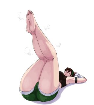  1girl 78_(tky8) armpits ass bandaged_wrist bandages bandit_(tales_of_destiny_2) barefoot belt black_sports_bra breasts brown_belt brown_hair commentary_request foreshortening full_body green_hairband green_shorts hair_between_eyes hairband large_breasts long_bangs lying midriff on_back open_mouth short_hair shorts simple_background soles solo sports_bra tales_of_(series) tales_of_destiny tales_of_destiny_2 unconscious white_background  rating:Sensitive score:5 user:danbooru