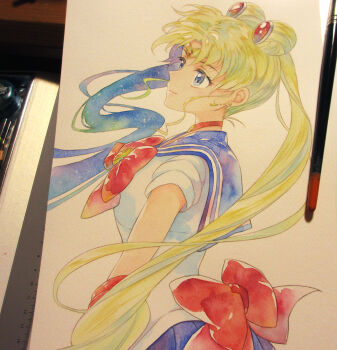  1girl agahari art_brush art_tools_in_frame back_bow bishoujo_senshi_sailor_moon blue_sailor_collar blue_skirt bow choker circlet closed_mouth commentary_request crescent crescent_earrings double_bun earrings from_side hair_bun hair_ornament jewelry leotard long_hair paintbrush painting_(medium) photo_(medium) pleated_skirt red_bow red_choker ruler sailor_collar sailor_moon sailor_senshi_uniform skirt smile solo starry_hair traditional_media tsukino_usagi twintails upper_body very_long_hair white_leotard 