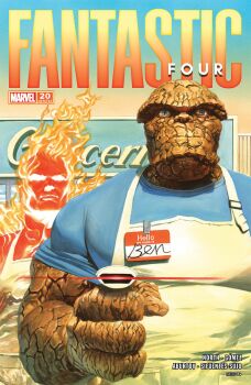  2boys absurdres alex_ross apron barcode_scanner ben_grimm blue_eyes blue_shirt character_name comic_cover company_name copyright_logo copyright_name cover cover_page fantastic_four fiery_hair highres holding holding_barcode_scanner human_torch johnny_storm logo looking_at_viewer male_focus marvel multiple_boys muscular muscular_male name_tag official_art realistic rock_skin shirt storefront western_comics_(style) white_apron 