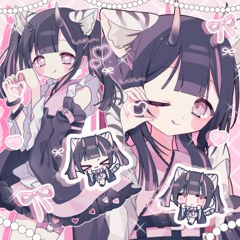 >_< 1boy :3 :q absurdres animal_ear_fluff animal_ears black_hair black_sleeves blunt_bangs bracelet chibi chibi_inset cho_kaguya-hime! commentary_request crossdressing crossdressing_(mtf) detached_sleeves frilled_kimono frilled_sleeves frills gradient_horns hands_up heart heart-shaped_pupils heart_cheeks heart_hands heart_in_heart_hands highres horns japanese_clothes jewelry kimono kimono_dress komazawa_noi long_hair long_sleeves looking_at_viewer male_focus multicolored_hair multicolored_horns multiple_views o-ring o-ring_thigh_strap outline pink_eyes pink_kimono pink_streaks satou_uyu smile streaked_hair symbol-shaped_pupils thigh_strap tiger_ears tongue tongue_out trap twintails white_outline 