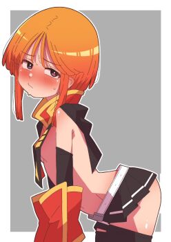 1girl arched_back ass bare_shoulders belt black_capelet black_gloves black_skirt black_thighhighs blush breasts capelet commentary_request covered_erect_nipples cowboy_shot elbow_gloves embarrassed from_side furrowed_brow gloves gundam gundam_zz highres leaning_forward long_sidelocks looking_at_viewer microskirt navel neo_zeon no_shirt onimaru_(onimal7802) orange_hair outline purple_eyes puru_two red_gloves short_hair sideboob sidelocks skirt small_breasts solo sweat thighhighs white_belt white_outline rating:Questionable score:14 user:danbooru