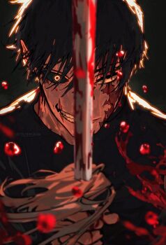  1boy 1girl black_background black_hair black_shirt blood blood_splatter bloody_weapon burn_scar commentary dark_background english_commentary fushiguro_touji highres holding holding_sword holding_weapon jujutsu_kaisen scar shirt smile sword trubwlsum weapon zen'in_maki zen'in_maki_(post_shibuya) 