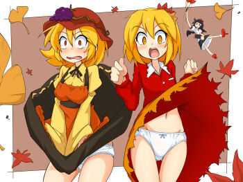  3girls :o :s aki_minoriko aki_shizuha apron azi_hune bird_girl bird_wings black_hair black_ribbon black_sash black_skirt blue_bow blush blush_stickers border bow bow_panties brown_background camera chibi chibi_inset clenched_hands clothes_lift collar commentary_request constricted_pupils covering_privates cowboy_shot double-parted_bangs embarrassed falling_leaves floating_clothes floating_hair frilled_skirt frills geta grape_hat_ornament hair_between_eyes hat hauchiwa highres holding holding_camera leaf long_sleeves maple_leaf maple_leaf_hair_ornament mob_cap multiple_girls neck_ribbon open_mouth orange_eyes orange_hair panties pantyshot puffy_short_sleeves puffy_sleeves red_apron red_eyes red_hair red_hat red_shirt red_shoes ribbon sash shameimaru_aya shirt shoes short_hair short_sleeves simple_background skirt skirt_flip skirt_lift socks sparkle surprised swinging_weapon teeth tengu-geta tokin_hat touhou underwear upper_teeth_only white_border white_collar white_panties white_shirt white_socks wings yellow_shirt yellow_skirt yellow_trim  rating:Sensitive score:15 user:danbooru