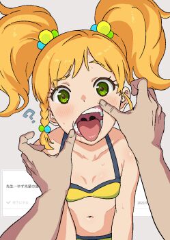 1boy 1girl ? aikatsu!_(series) aikatsu_stars! bikini blonde_hair braid breasts commentary_request green_eyes looking_at_viewer mouth_pull navel nikaido_yuzu open_mouth osame pov pov_hands saliva side_braid small_breasts solo_focus sweat swimsuit teeth tongue tongue_out twintails uvula yellow_bikini rating:Sensitive score:75 user:danbooru