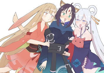  3girls animal_ears blonde_hair blush braid braided_hair_rings cho_kaguya-hime! commentary_request detached_sleeves double_arm_hug forehead_jewel fox_ears gradient_eyes green_eyes hair_rings highres japanese_clothes kaguya_(cho_kaguya-hime!) kimono multicolored_eyes multiple_girls octopus orange_eyes purple_hair rabbit_ears runami_yachiyo sakayori_iroha short_kimono smile unbabaa white_hair yuri 