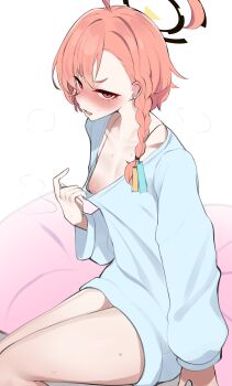  1girl absurdres ahoge areola_slip baggy_clothes black_halo blue_archive blush braid breasts clothes_pull flashing halo hetima0112 highres long_hair long_sleeves looking_at_viewer micro_bra mole mole_under_eye neru_(blue_archive) no_pants oppai_challenge orange_hair pulling_own_clothes red_eyes shirt_pull simple_background single_braid small_breasts solo white_background 