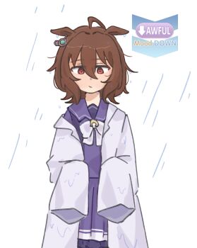  1girl absurdres agnes_tachyon_(umamusume) ahoge animal_ears bow bowtie brown_hair closed_mouth coat earrings hair_between_eyes highres horse_ears horse_girl huge_ahoge jewelry lab_coat long_sleeves looking_at_viewer medium_hair mood_(umamusume) pleated_skirt purple_sailor_collar purple_serafuku purple_shirt purple_skirt rain red_eyes rizumah sailor_collar sailor_shirt school_uniform serafuku shirt single_earring skirt solo tracen_school_uniform umamusume white_bow white_bowtie white_coat wolf_cut 