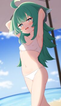  1girl absurdres armpits arms_up beach bra covered_erect_nipples crying female_focus highres honkai:_star_rail honkai_(series) huge_filesize huohuo_(honkai:_star_rail) loli looking_at_viewer lyz_ya navel outdoors panties solo standing sweat sweatdrop swimsuit umbrella underwear undressing wet white_panties  rating:Explicit score:99 user:kevinreyesc