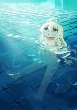  1girl absurdres ahoge blonde_hair completely_nude fish hashtag-only_commentary highres karmanimaxwx long_hair looking_up no_headwear no_nipples nude shoujo_shuumatsu_ryokou sitting skinny_dipping solo yuuri_(shoujo_shuumatsu_ryokou) 