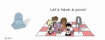  1girl 4boys antenna_hair aubrey_(faraway)_(omori) aubrey_(omori) basil_(faraway)_(omori) basil_(omori) black_eyes black_hair black_shoes black_sweater_vest blonde_hair blue_eyes blue_hairband blue_skirt blue_sweater bright_pupils brothers brown_hair brown_shorts checkered_blanket chibi chibi_only closed_eyes closed_mouth collared_shirt commentary dark-skinned_male dark_skin denim denim_skirt double-parted_bangs english_commentary english_text green_sweater_vest grey_pants hair_between_eyes hairband hero_(faraway)_(omori) hero_(omori) jacket kel_(faraway)_(omori) kel_(omori) knees_up long_hair long_sleeves looking_at_another multiple_boys nill_(nill) omori open_clothes open_jacket open_mouth orange_shoes pants picnic_blanket pink_hair seiza shirt shoes short-sleeved_jacket short_hair short_sleeves shorts siblings sidelocks simple_background sitting skirt sneakers socks something_(omori) spoilers sunny_(omori) sweater sweater_vest teeth tombstone twitter_username white_background white_jacket white_pupils white_shirt white_socks 