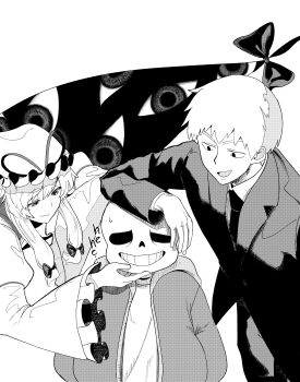  1girl 2boys absurdres arm_on_another's_head black_jacket closed_mouth commentary dress gap_(touhou) grin hair_ribbon hand_on_another's_chin hat highres hood hoodie jacket long_hair long_sidelocks long_sleeves looking_at_another mob_cap mob_psycho_100 monochrome motutigire multiple_boys necktie parted_lips puffy_sleeves reigen_arataka ribbon sans_(undertale) shirt short_hair sidelocks skeleton smile symbol-only_commentary teeth touhou undertale utdr_(toby_fox) white_background white_dress white_shirt yakumo_yukari 