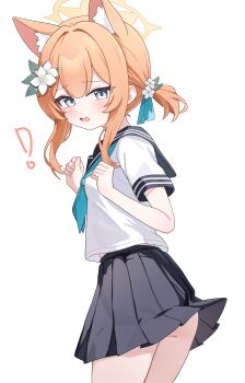 1girl absurdres alternate_costume animal_ear_fluff animal_ears black_sailor_collar black_skirt blue_archive blue_eyes blue_neckerchief blush cat_ears flower hair_flower hair_ornament halo highres looking_at_viewer mari_(blue_archive) medium_hair neckerchief nonddu open_mouth orange_hair ponytail sailor_collar school_uniform serafuku shirt short_ponytail simple_background skirt solo white_background white_flower white_shirt yellow_halo rating:Sensitive score:15 user:danbooru