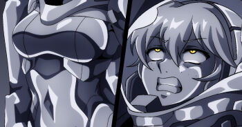  absorption absorption_vore breasts defeated_villainess freckles glowing glowing_eyes gundam gundam_00 gundam_00_a_wakening_of_the_trailblazer large_breasts metal_hair metal_skin nena_trinity peril silver_hair silver_skin tagme transformation yellow_eyes 