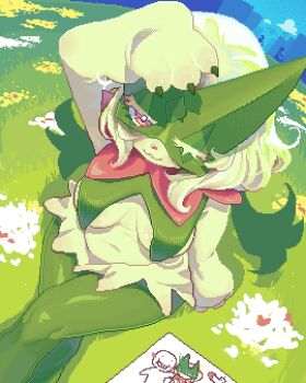 1girl :3 animal_hands arm_at_side arm_up breasts breasts_apart bright_pupils child's_drawing claws closed_mouth crossed_legs day dutch_angle female_focus flower furry furry_female grass green_hair green_theme half-closed_eye happy ko_(unkokat) looking_at_viewer looking_up medium_breasts meowscarada navel nintendo on_ground one_eye_closed outdoors paper pixel_art plump pokemon pokemon_(creature) red_eyes shading_face shiny_skin short_hair sitting smile solo stomach thighs white_flower white_pupils wide_hips yellow_flower  rating:Sensitive score:3 user:AngryZapdos