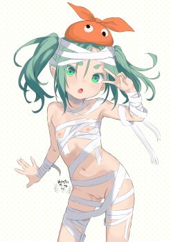  1girl absurdres bandages cleft_of_venus cowboy_shot flat_chest green_eyes green_hair harioqi highres loli looking_at_viewer monogatari_(series) naked_bandage navel nipples ononoki_yotsugi open_mouth pussy short_eyebrows short_hair simple_background solo thick_eyebrows thick_eyelashes twintails uncensored v v-shaped_eyebrows v_over_eye white_background 