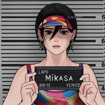  1girl absurdres barbie_mugshot_(meme) bare_shoulders black_hair character_name commentary contemporary earrings english_commentary facial_scar hair_between_eyes hat highres hoop_earrings jewelry looking_at_viewer meme mikasa_ackerman mugshot parted_lips print_camisole print_hat print_shirt scar scar_on_cheek scar_on_face shingeki_no_kyojin shirt short_hair solo sumiensp upper_body visor_cap 