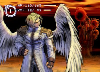  1boy angel angel_wings archangel_(baroque) baroque_(series) blonde_hair cowboy_shot fingerless_gloves frown gameplay_mechanics gloves hand_on_own_hip hashtag-only_commentary heads-up_display health_bar highres long_sleeves looking_at_viewer male_focus noiracide robe short_hair solo user_interface v-shaped_eyebrows white_robe wings 