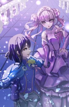  1boy 1girl blush bow braid braided_bun brother_and_sister commentary_request double_bun dress falling_petals fingerless_gloves flower formal_clothes gloves hair_bow hair_bun headband highres holding_hands long_hair medium_hair official_alternate_costume petals pink_dress pink_eyes pink_flower pink_hair pink_rose purple_hair railing rose siblings the_hundred_line_-last_defense_academy- tile_floor tiles tsukumo_ima tsukumo_kako twins user_svaw2754 yellow_flower yellow_rose 